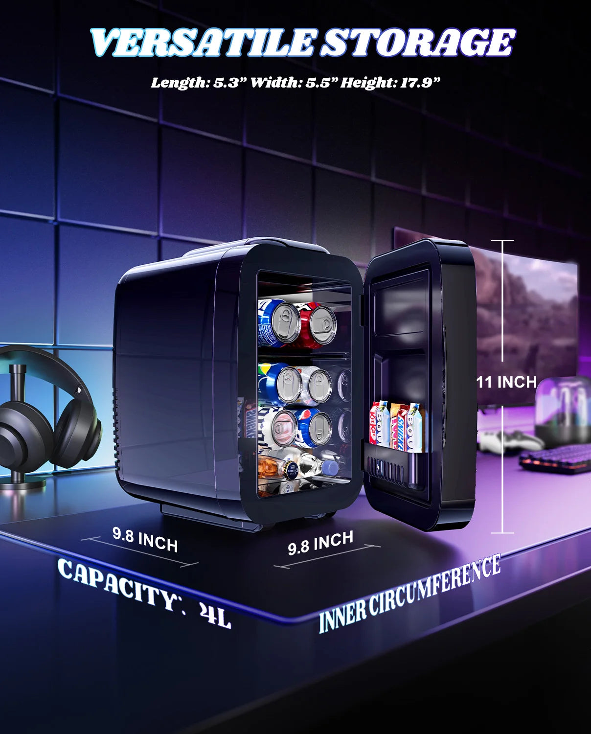Mini Frigo 4L Gaming - 7 Modes LED & Miroir | Chaud & Froid